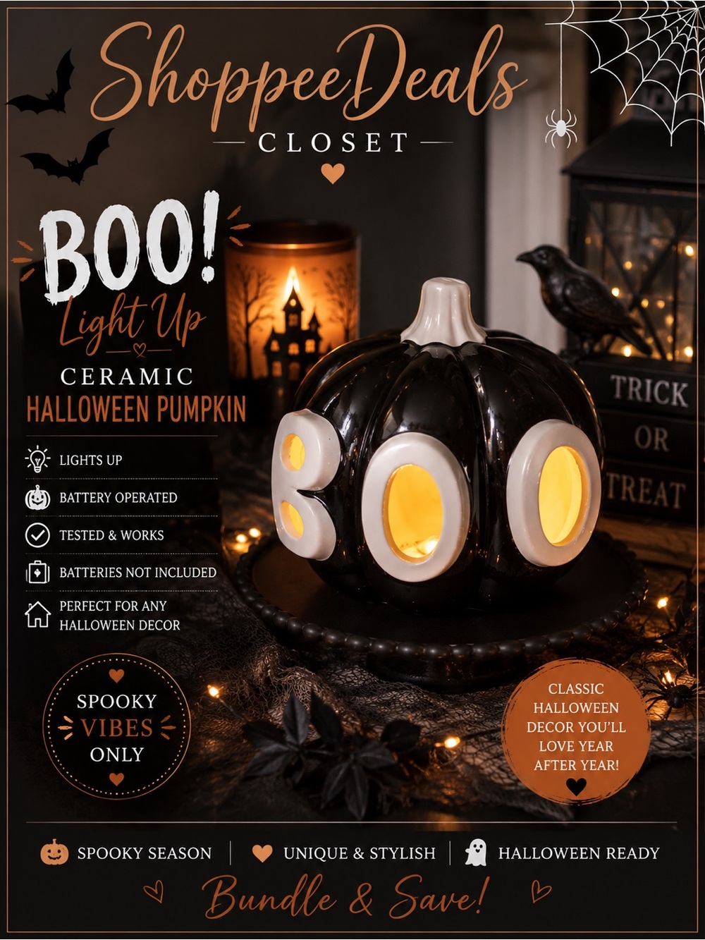Black & White BOO Pumpkin Light Up Ceramic Halloween Décor